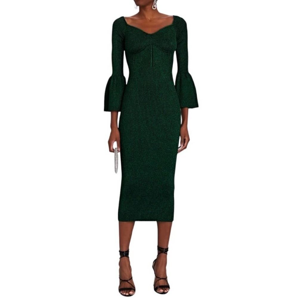 Self Portrait Off The Shoulder Ribbed Midi Dress Size Large New Green